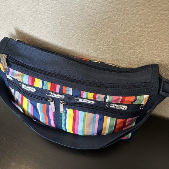 LeSportsac Multicolor Stripes Bag Handbag Purse Crossbody Wide Strap Tote Expand - Picture 3 of 12